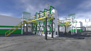 Screenshot of TSC SIM8040 green hydrogen production virtual/3D plant showing multiple TSA drier towers