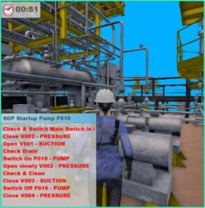 Screenshot of Siemens COMOS Walkinside showing training scenario steps and 3D view of process plant with an avatar